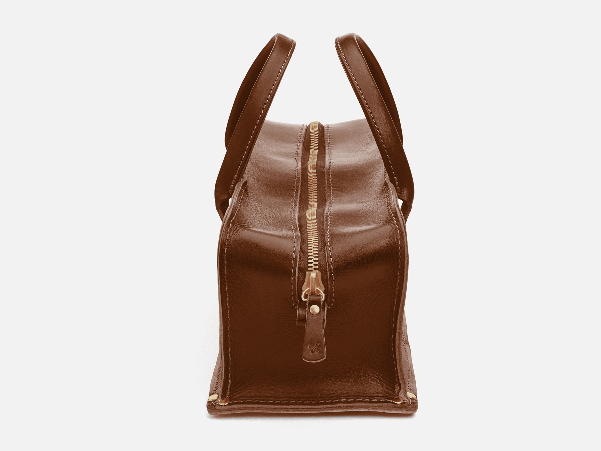 A brown leather bag with a central zipper partially open, showing two handles standing upright on each side against a plain white background.