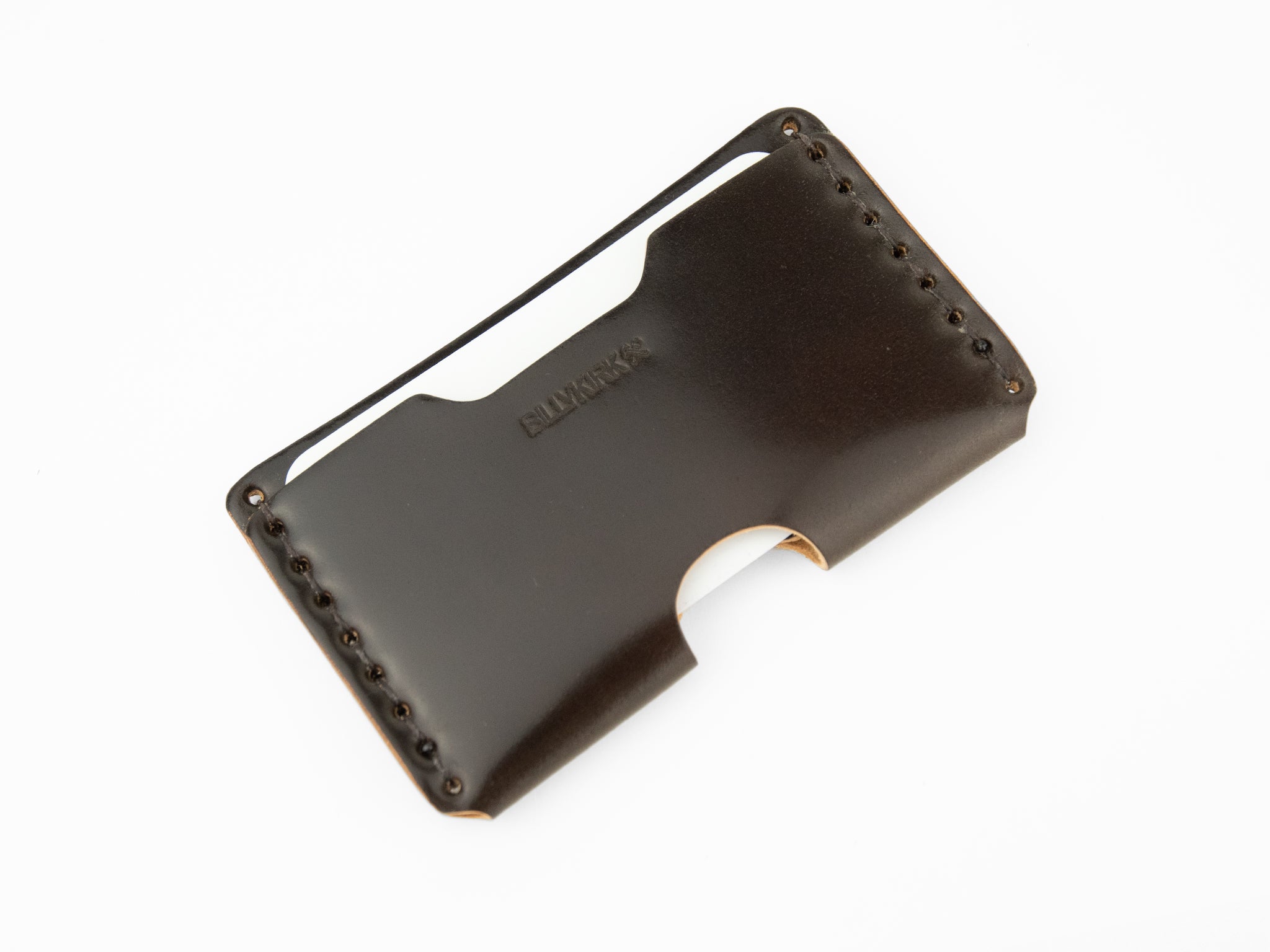 A sleek dark brown cordovan leather wallet with visible stitching along the edges, an open slot for cards or cash, and the embossed brand name BILLYKIRK on the front, photographed on a white background.