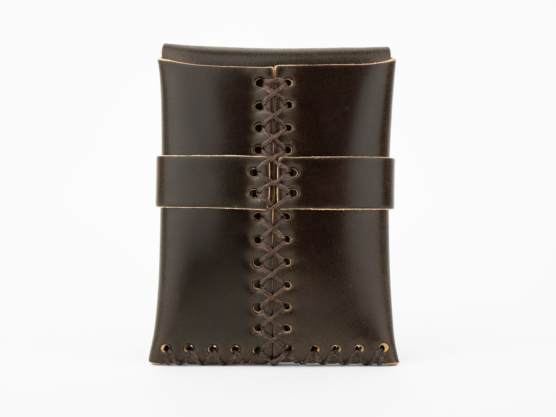 A dark brown leather wallet with visible stitching and a lace-up closure down the center, set against a plain white background.