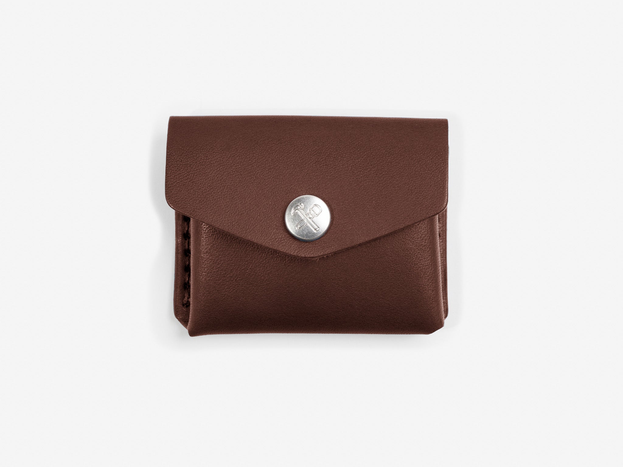 A closed hickory coin pouch with a nickel snap featuring a hammer and maul logo