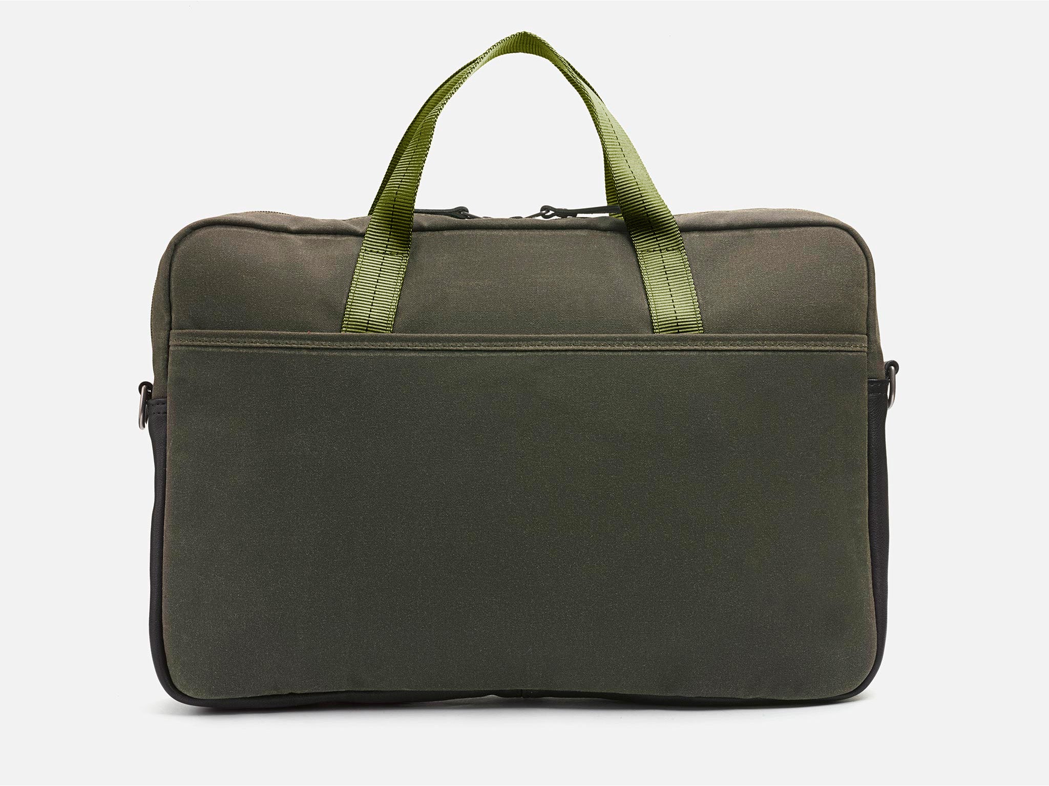 A dark green fabric briefcase with matching body and pocket, featuring two light green handles and a zippered top, set against a plain white background.