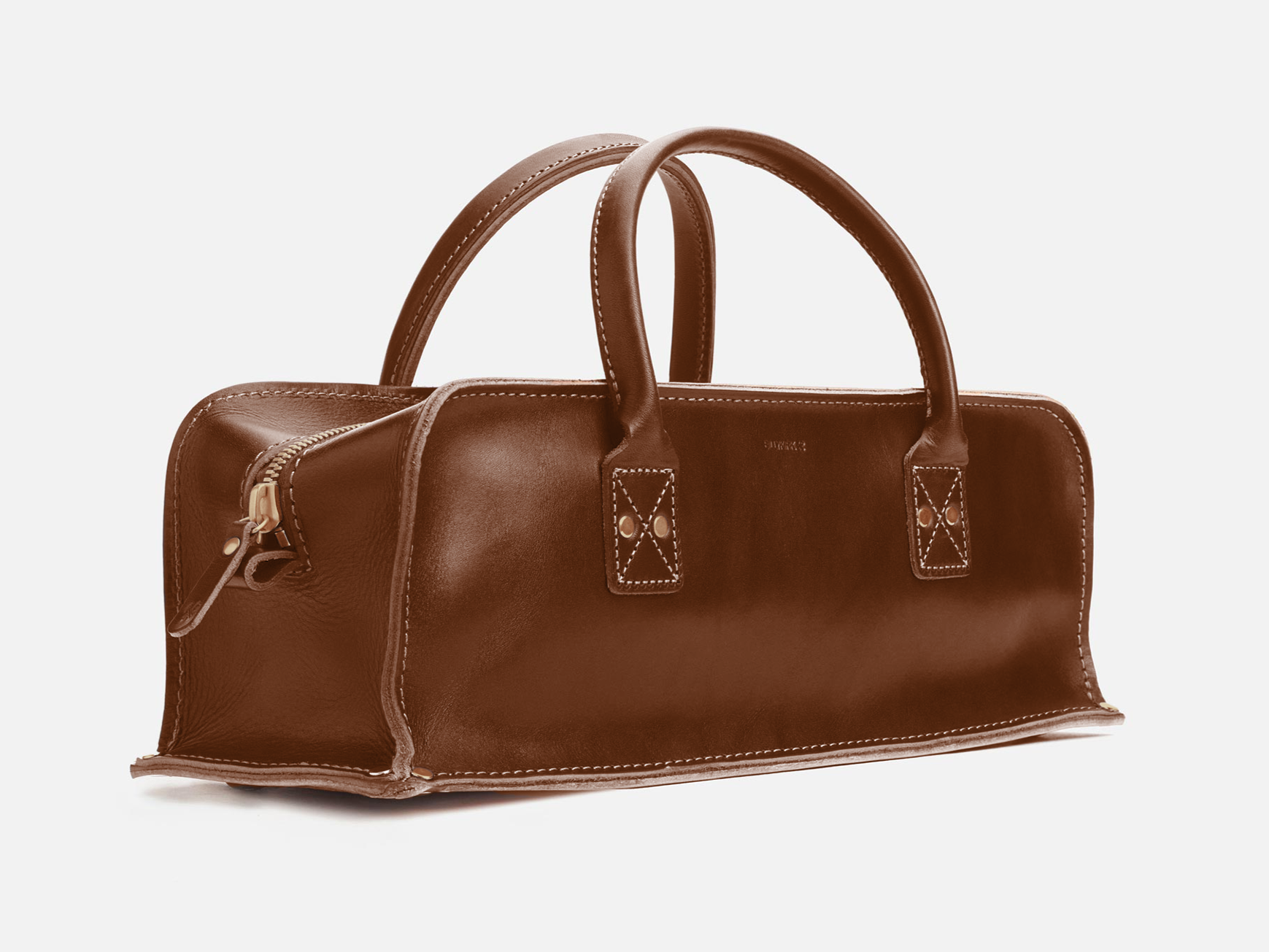 A rectangular brown leather handbag with two handles, white stitching along the edges, and a zipper on one side, set against a plain white background.