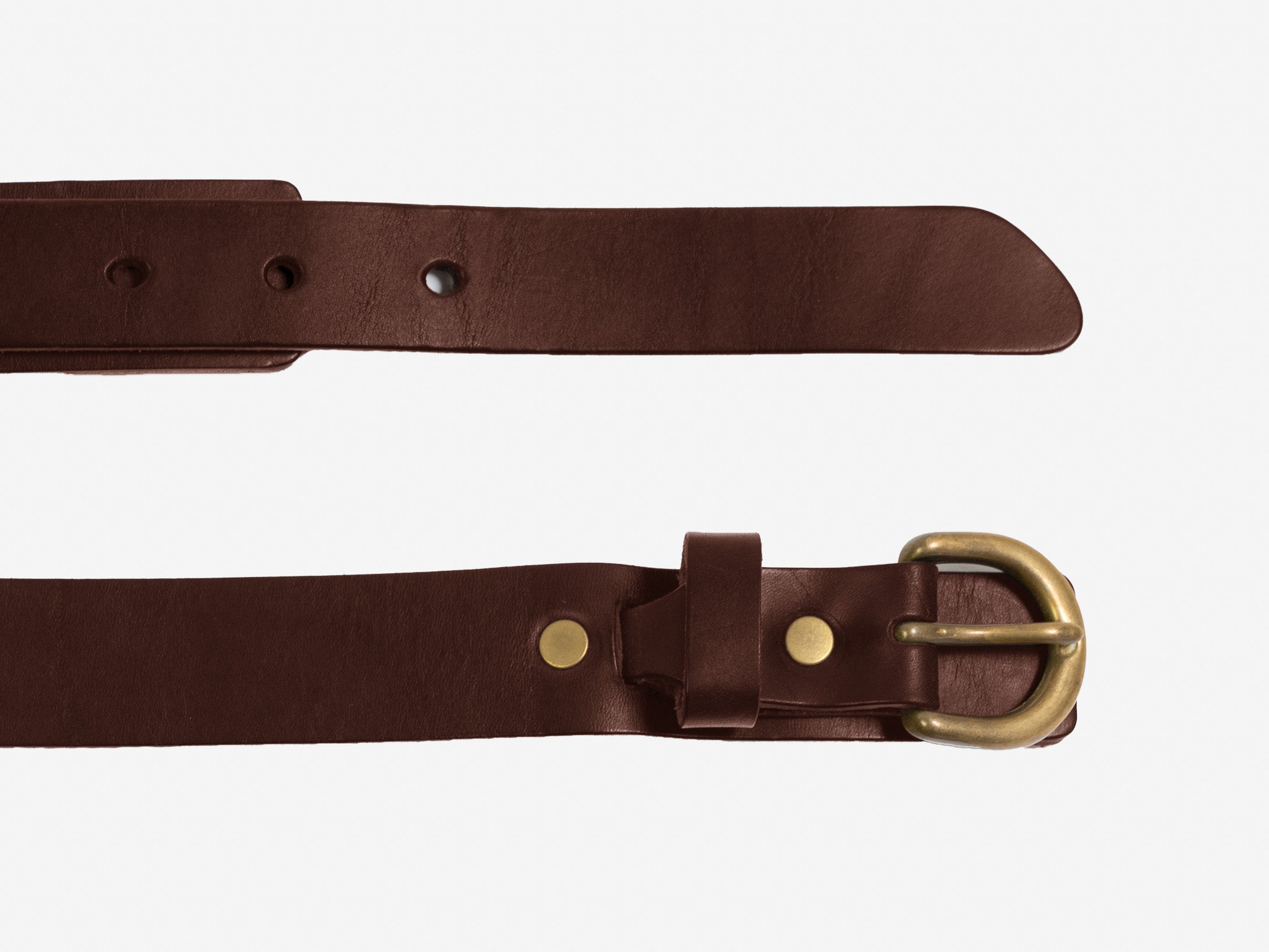 A brown leather belt with a brass buckle, shown laid flat on a white background. The belt features gold rivets near the buckle and multiple holes for size adjustment.