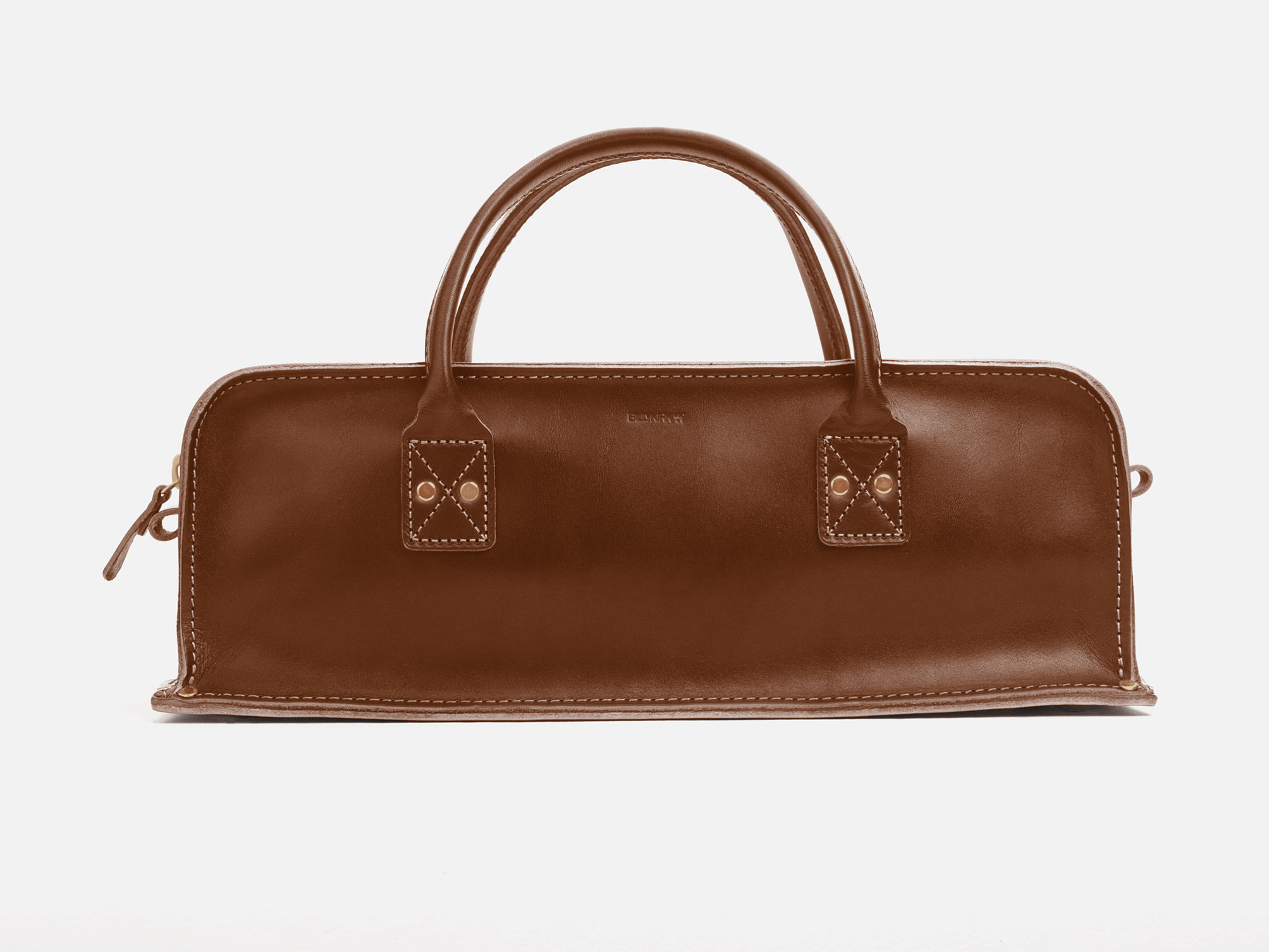 A rectangular brown leather handbag with two handles, visible stitching, and a zipper closure on the left side, set against a plain white background.