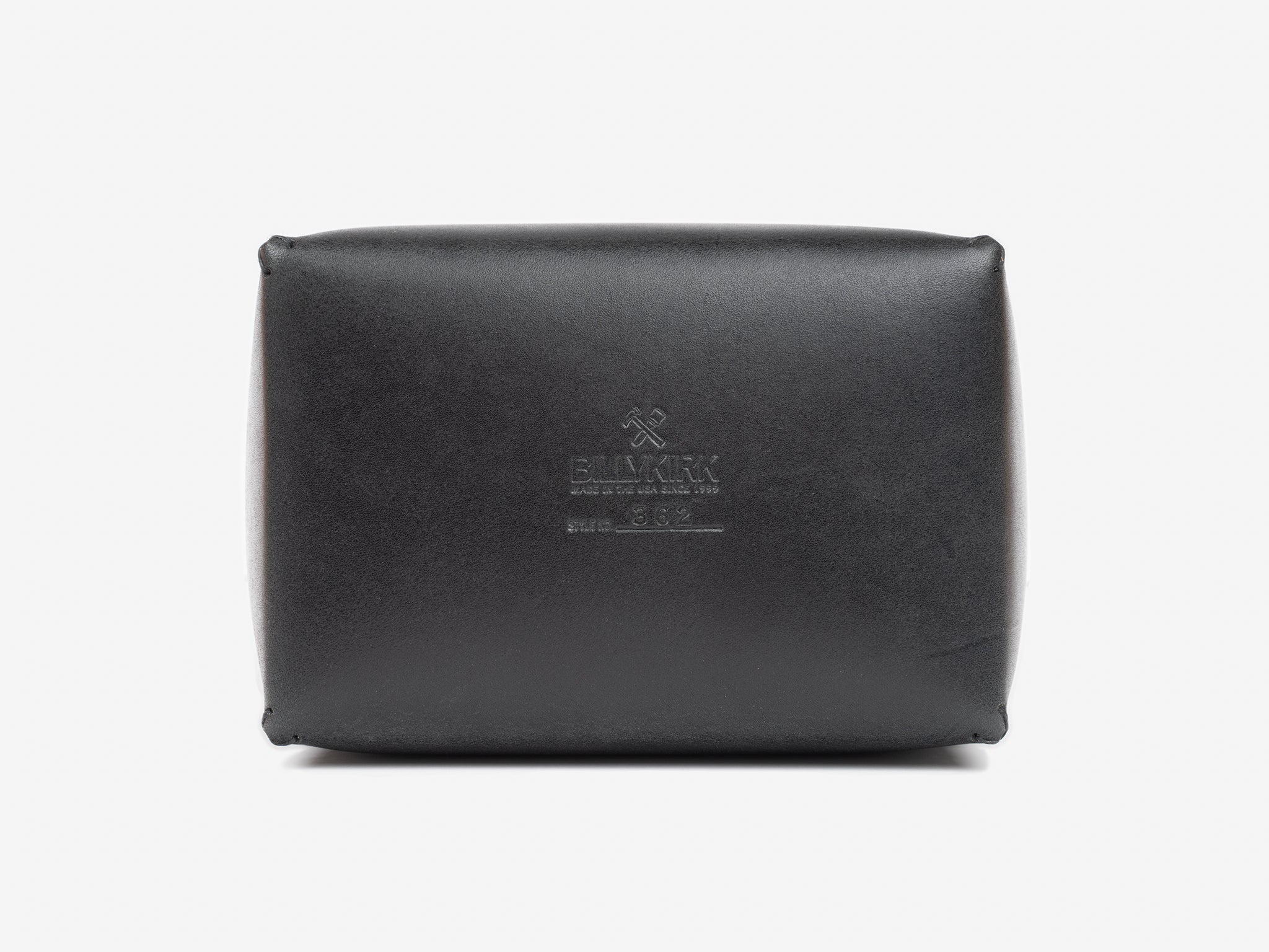 Bottom view of a black leather box showing the Billykirk logo and stamped with the style number 362 against a white background.