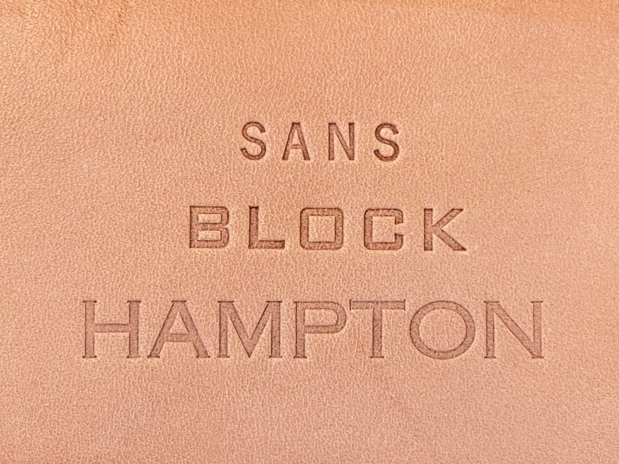 Embossed leather with the words SANS BLOCK HAMPTON in three different font styles and sizes.