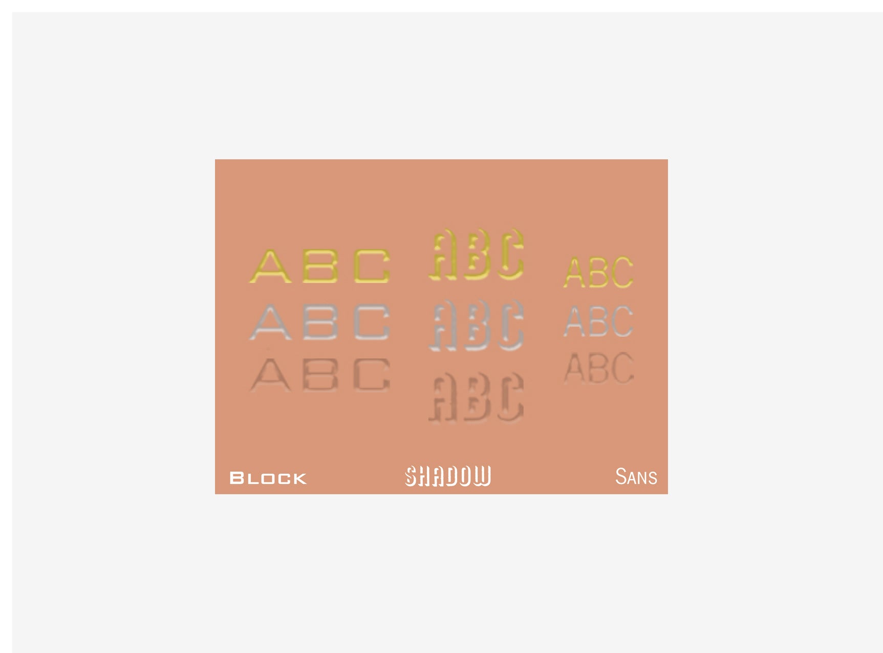 Comparison of 'Block', 'Shadow', and 'Sans' text styles on a peach background.