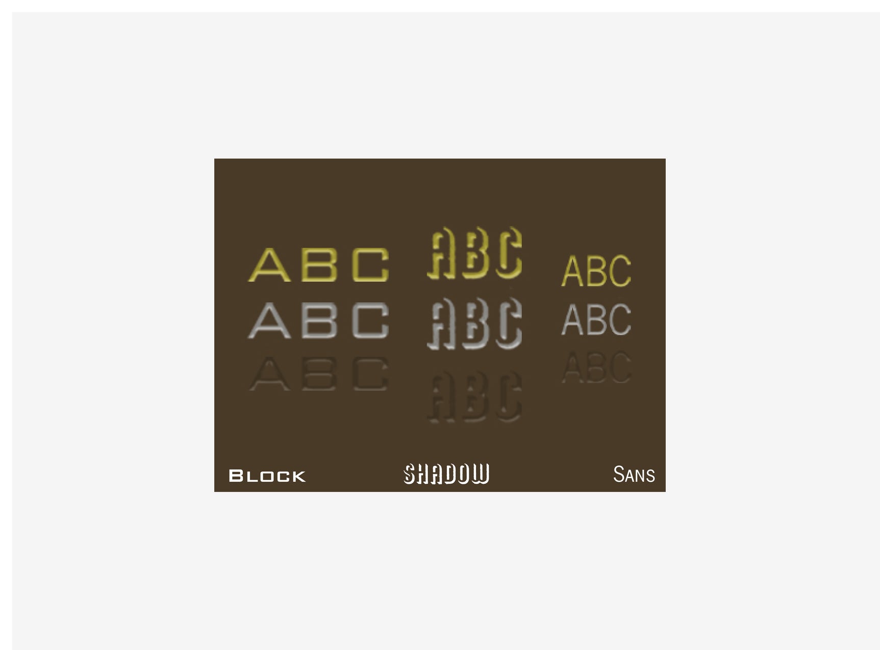 Comparison of 'Block', 'Shadow', and 'Sans' text styles on a brown background.