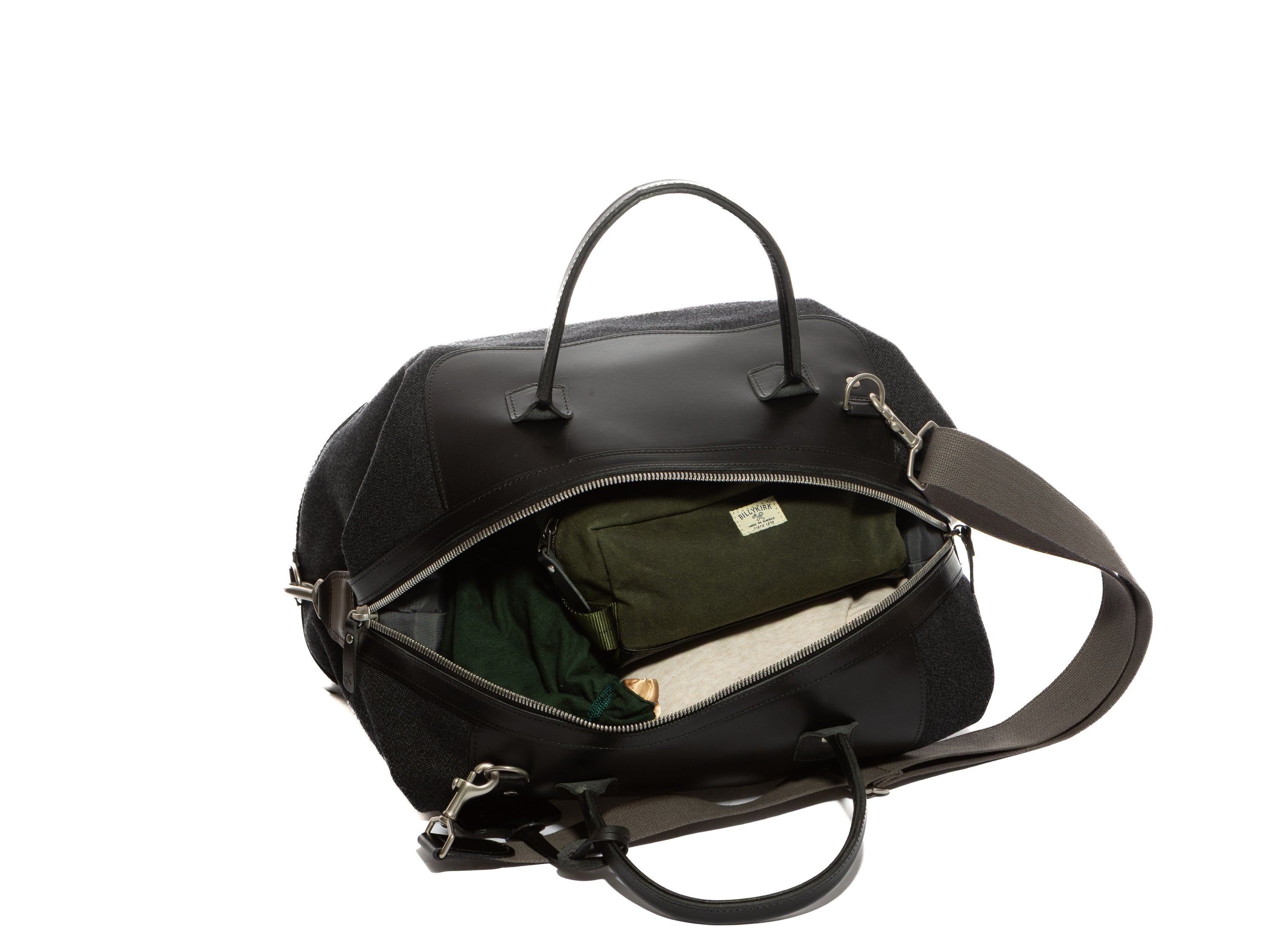 Black carryall bag with a olive interior on a white background