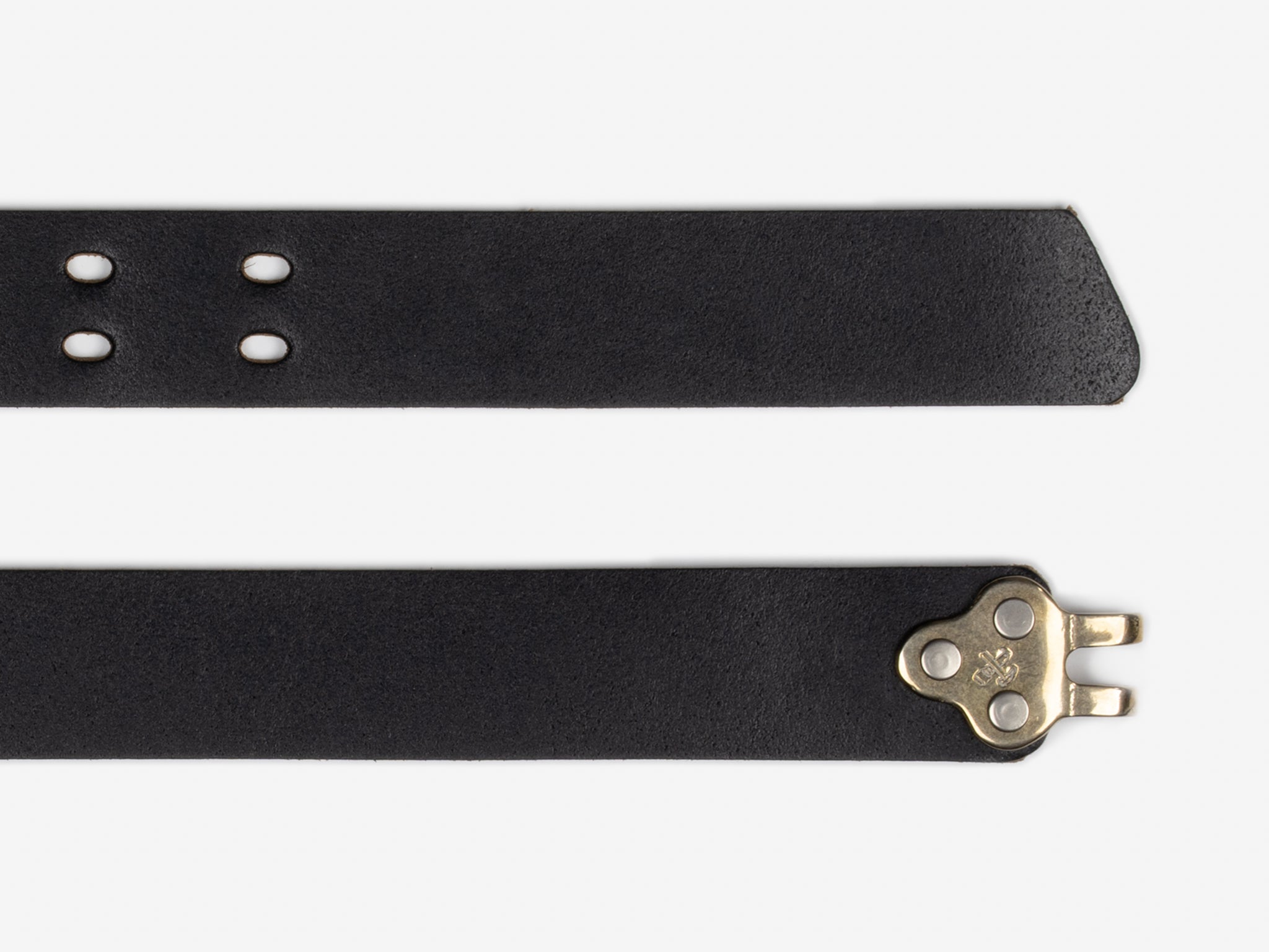 Two black leather belt straps are shown, one with holes for adjustment and the other with a metal clasp mechanism at the end. The background is white.