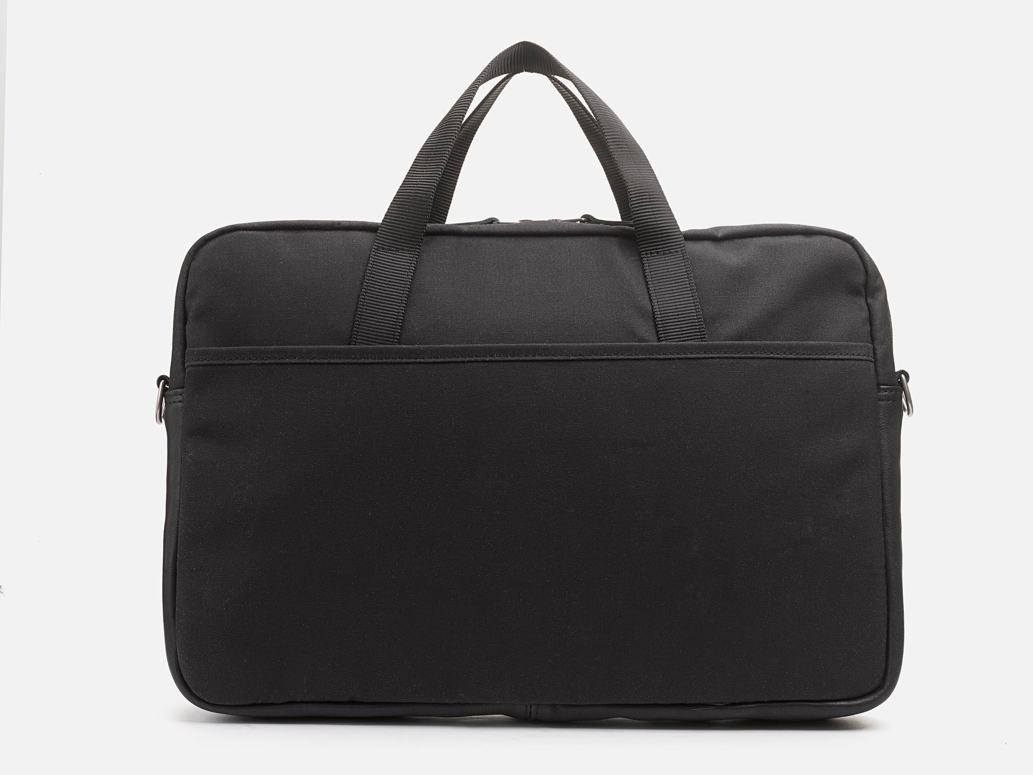 A black laptop bag with two short handles, a front pocket, and a simple, minimalist design, shown against a white background.