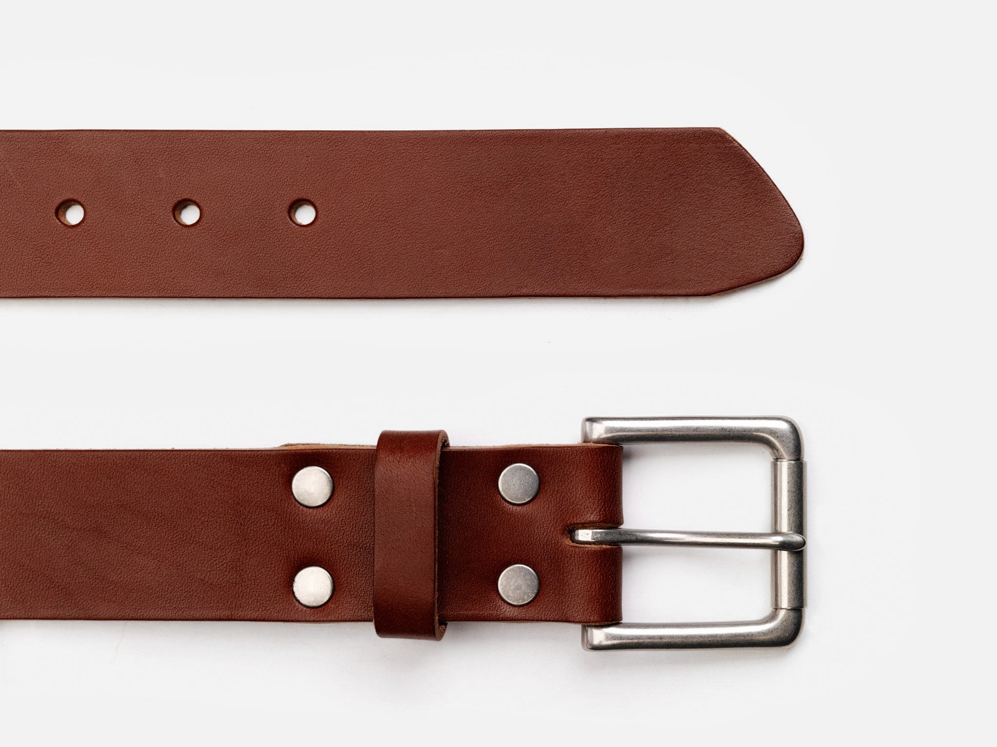A brown leather belt with a silver rectangular buckle, two metal rivets, and five adjustment holes, displayed on a white background.