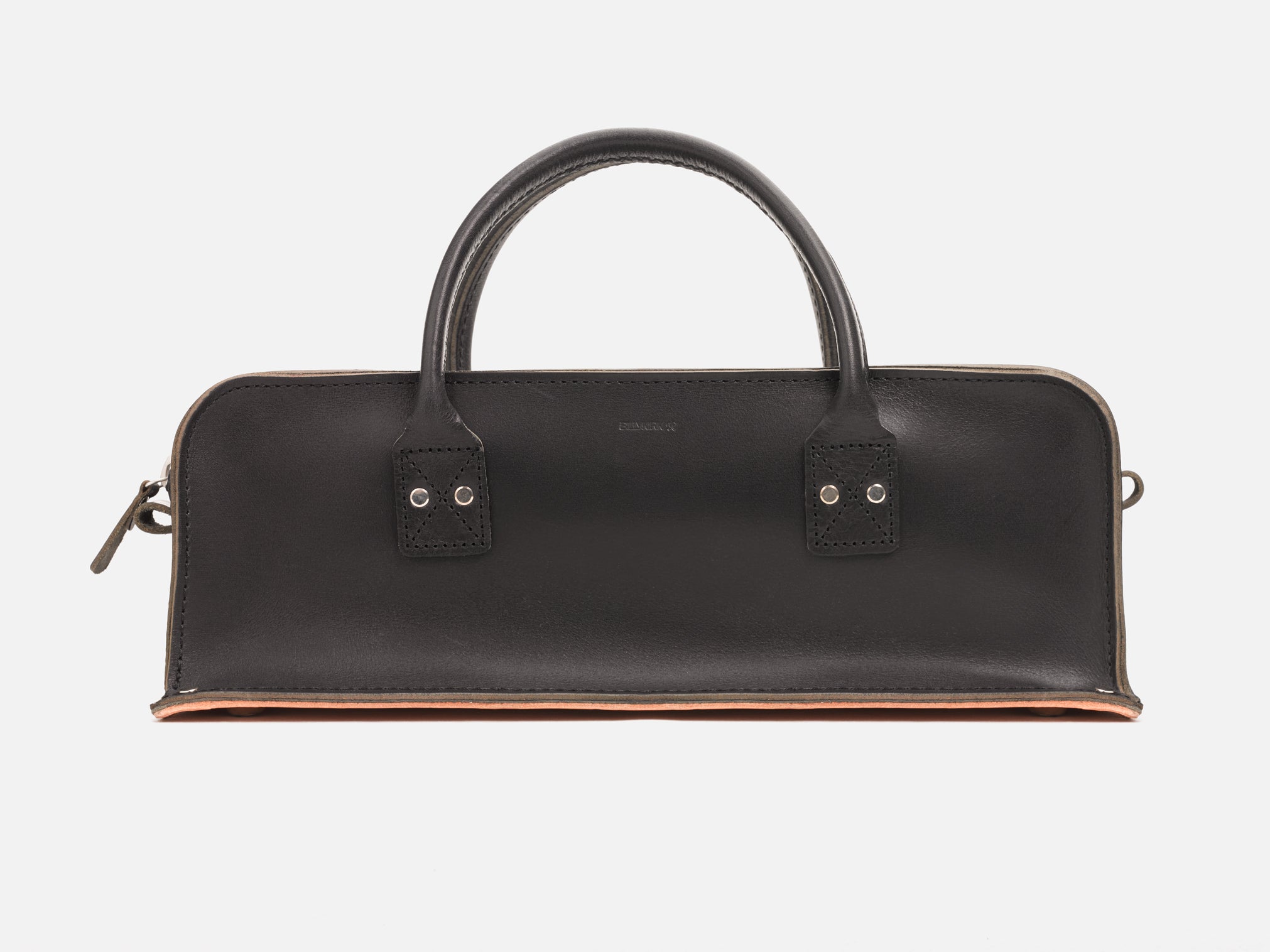 A front on view of a black leather tool bag with rivet reinforced corners and handles set in a white background