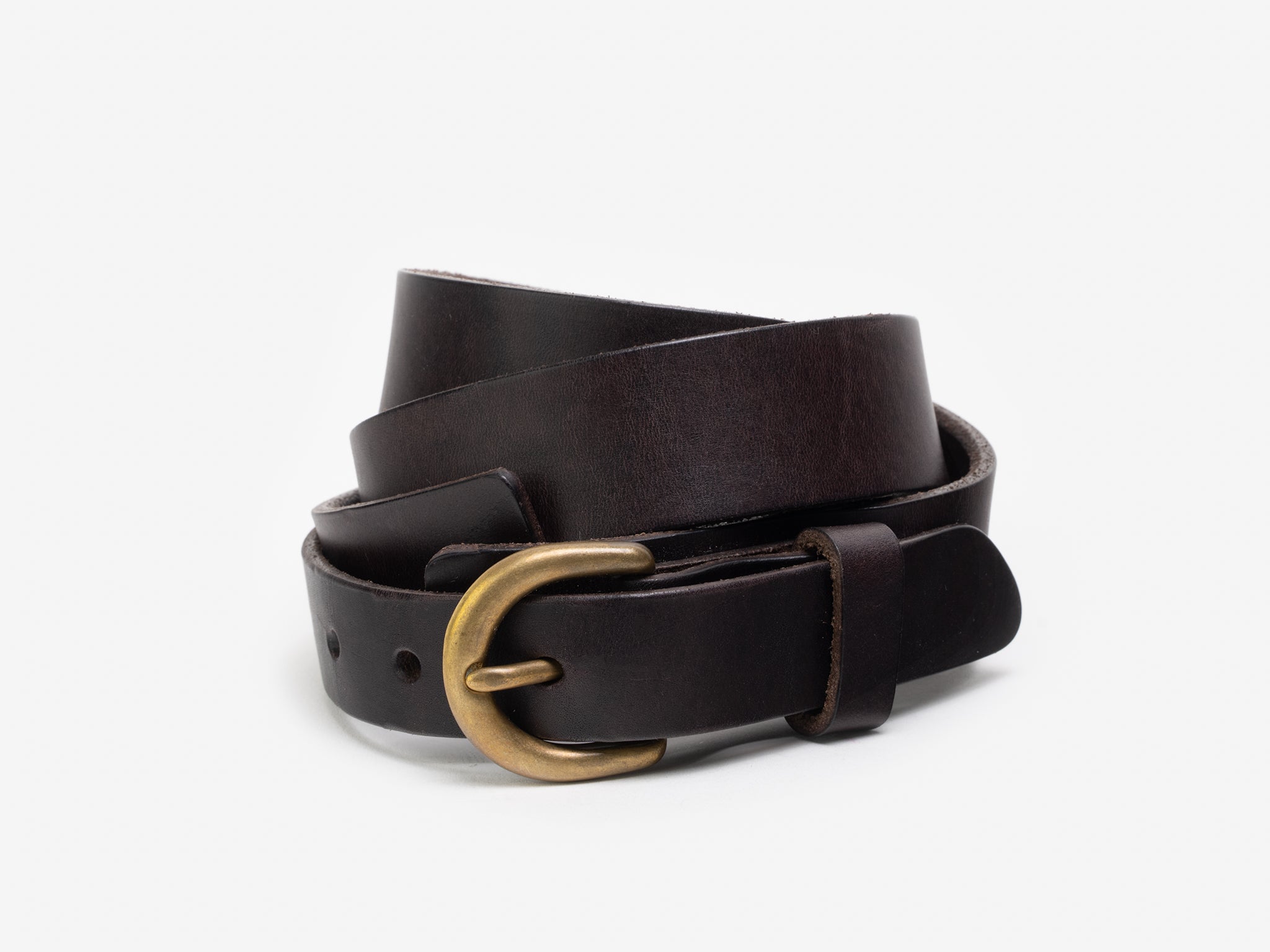 A coiled dark brown leather belt with a gold-colored metal buckle, displayed on a white background.