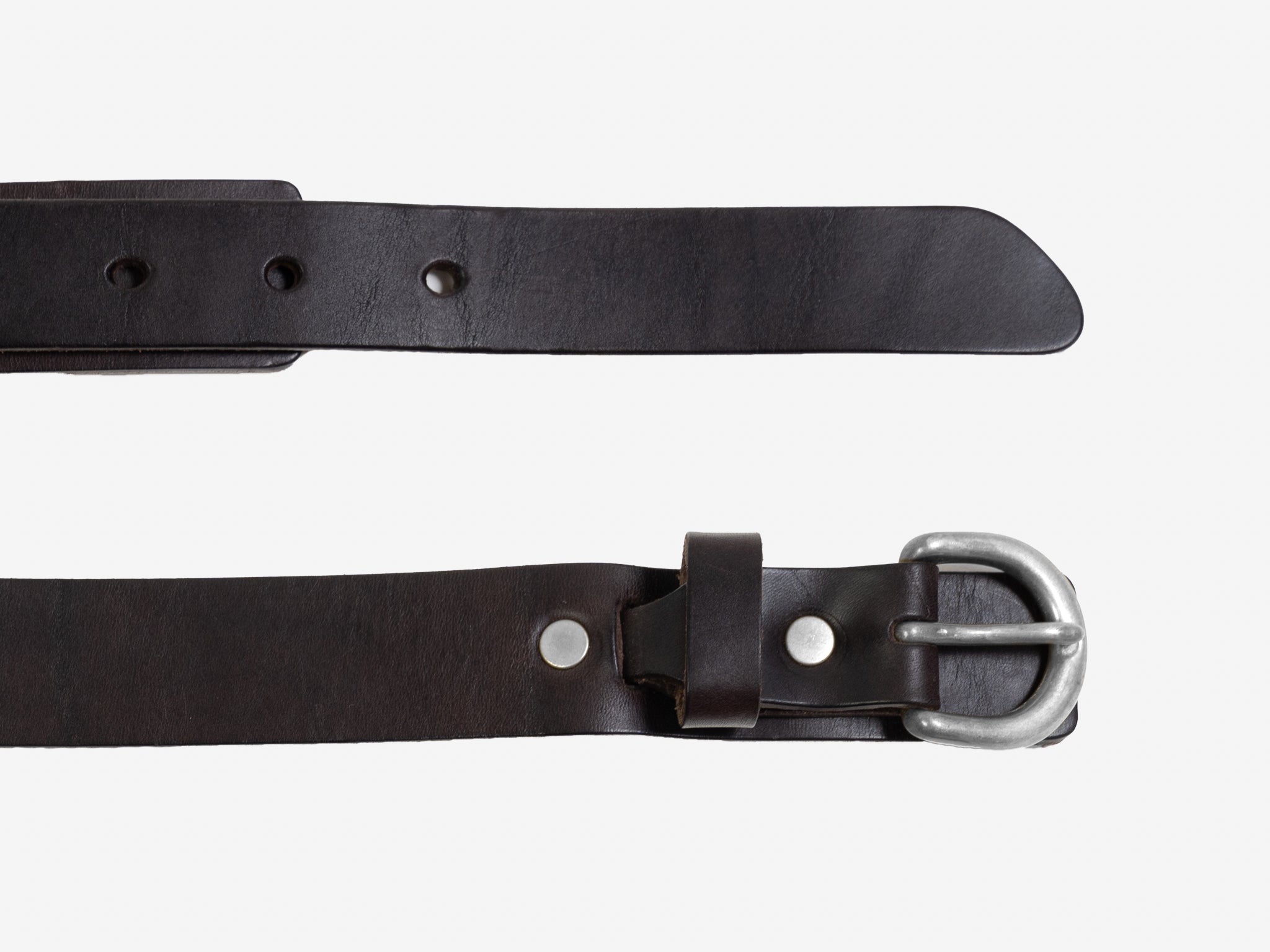A dark brown leather belt with a silver metal buckle, shown laid flat on a white background. The belt has several adjustment holes and a simple, classic design.