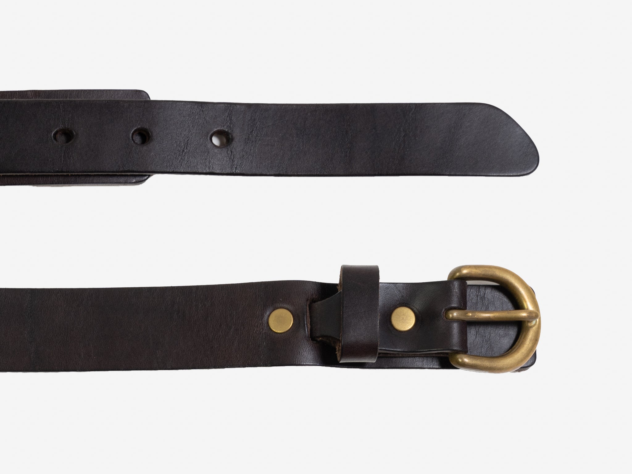 A dark brown leather belt with a brass buckle and two brass rivets, shown laid flat on a white background.