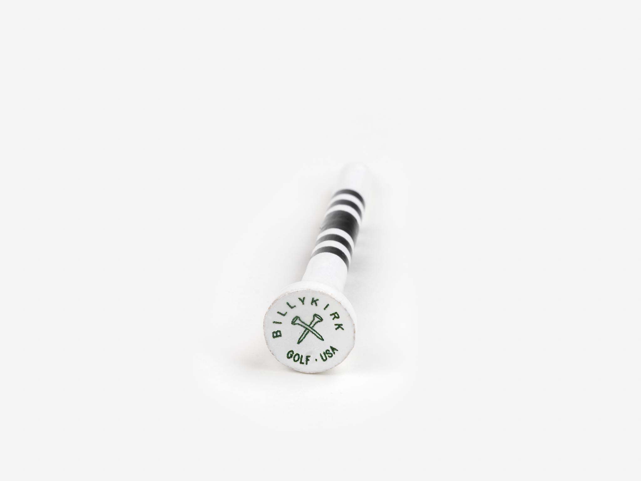 A white golf tee with black stripes and BILLYKIRK GOLF USA printed in green on the top, displayed on a plain white background.