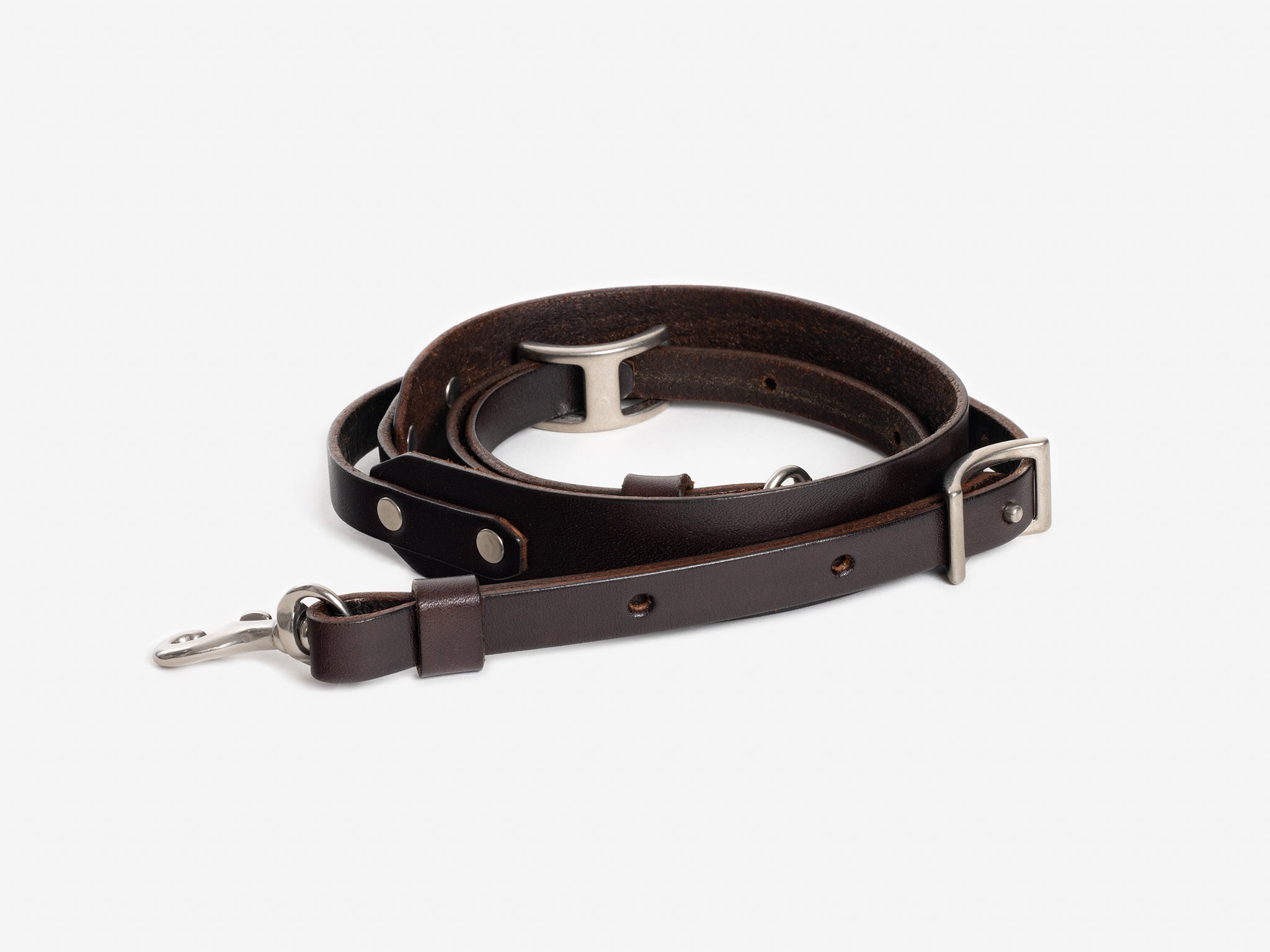 A coiled dark brown leather dog leash with silver metal hardware, including a clasp, buckle, and D-ring, displayed on a white background.