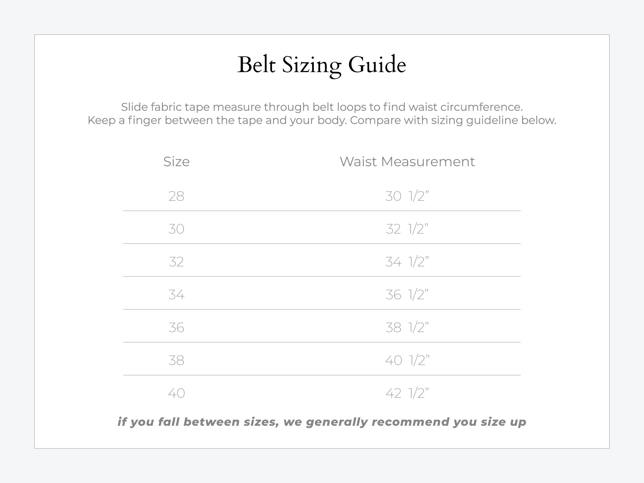 A belt sizing guide chart showing waist measurements in inches for sizes 28 to 40, with advice to size up if between sizes and instructions on how to measure waist circumference.