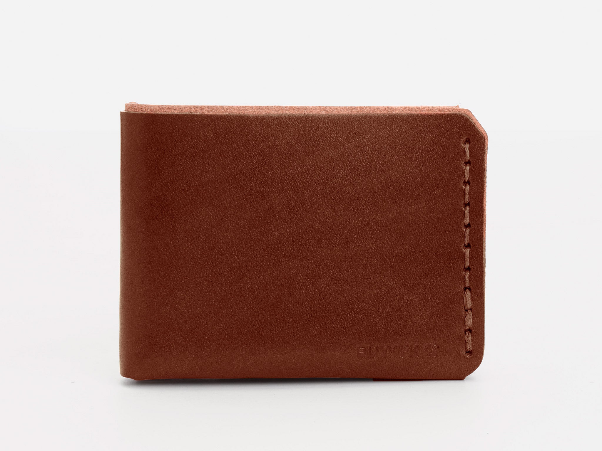 A brown leather bifold wallet with visible stitching along the right edge, displayed closed against a plain white background.